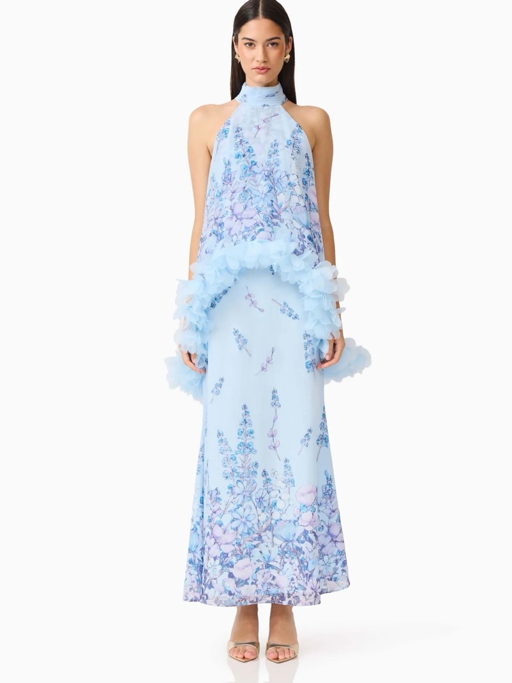 Elliatt Powder Blue Floral Halter Maxi Dress with Ruffle Trim